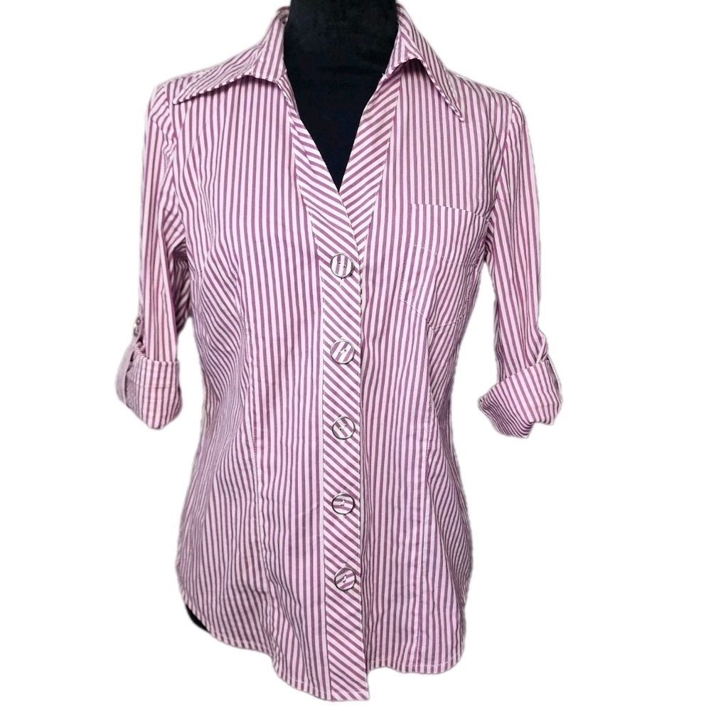 Liz & Co. Women's Sz M Dress Shirt Blouse Size 3/4 Sleeves V Neck Pink White